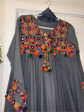 Embroidered Grey Women Salwar with Multicolor Mirror Work 3 piece Dress